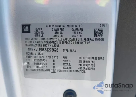 2011 Chevrolet Traverse Ltz z USA, uszkodzony, nr VIN 1GNKVLED6BJ275626